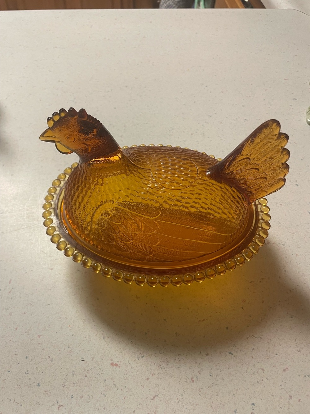 Vintage Indiana Amber Glass Hen on Nest Farmhouse Cottage Gold